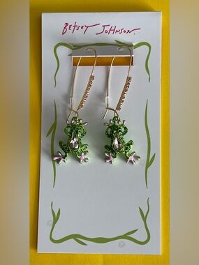 Authentic Betsey Johnson Green & Pink Frog Dangle Earrings - crystals and gold